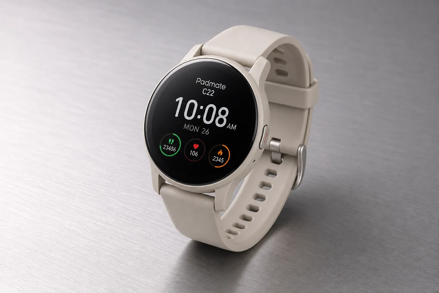 Five budget smartwatches arranged on concrete showing variety of designs and display types