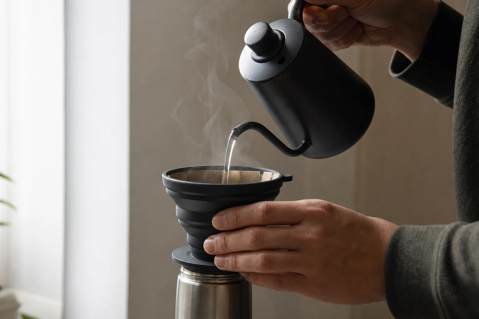 Hands pouring hot water from travel kettle into coffee brewer