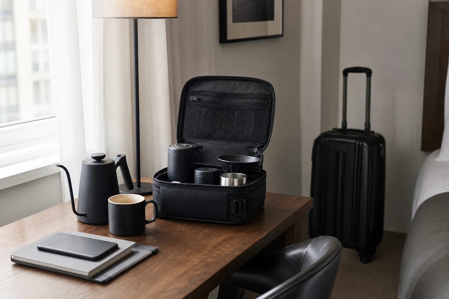 Hotel room desk with travel coffee kit and luggage in background