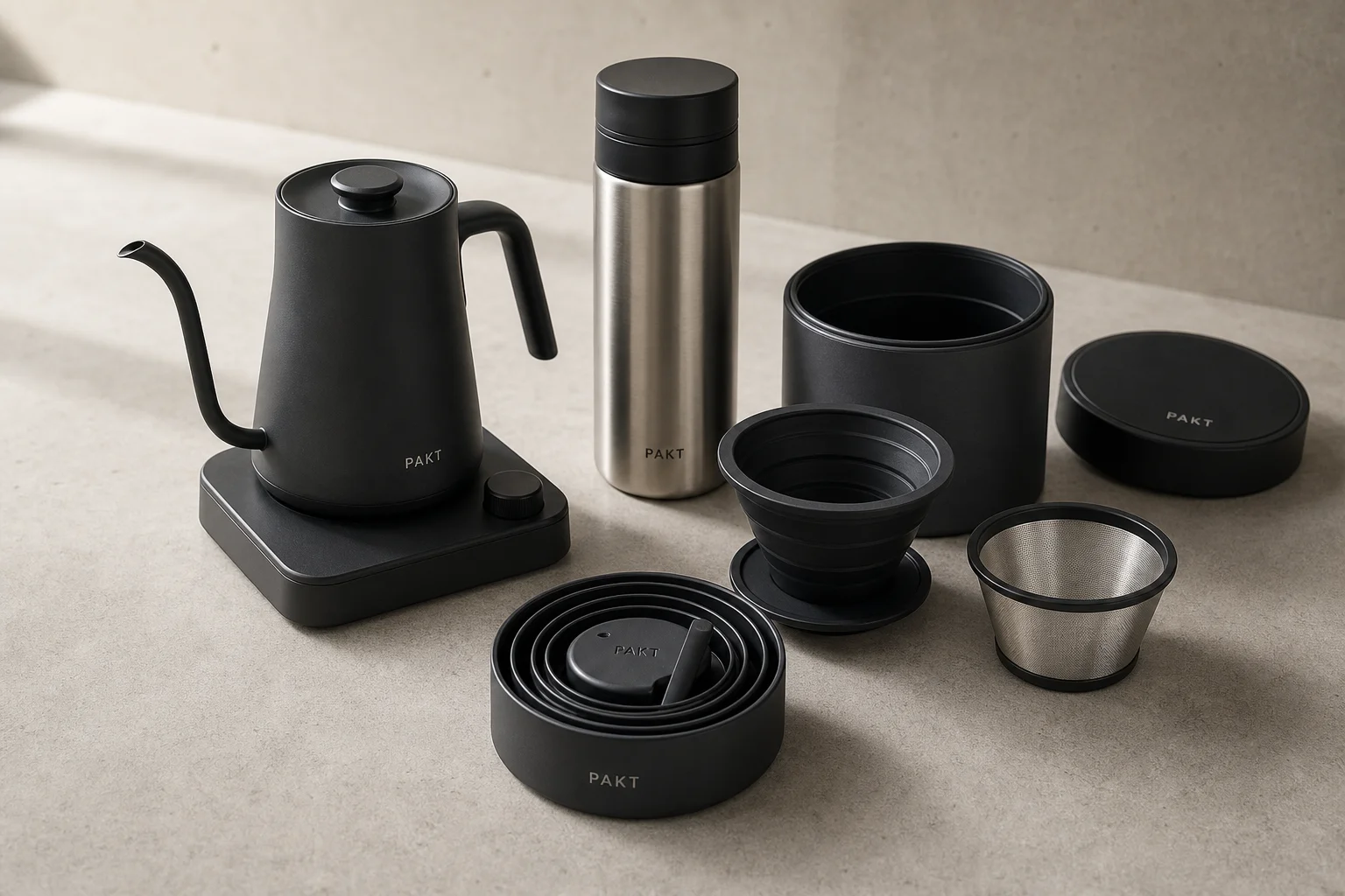 Pakt Coffee Kit components nested and disassembled on concrete surface