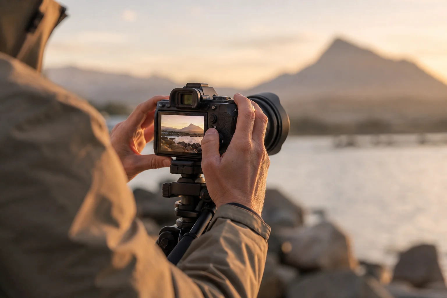 Professional videographer operating mirrorless camera on tripod during outdoor shoot