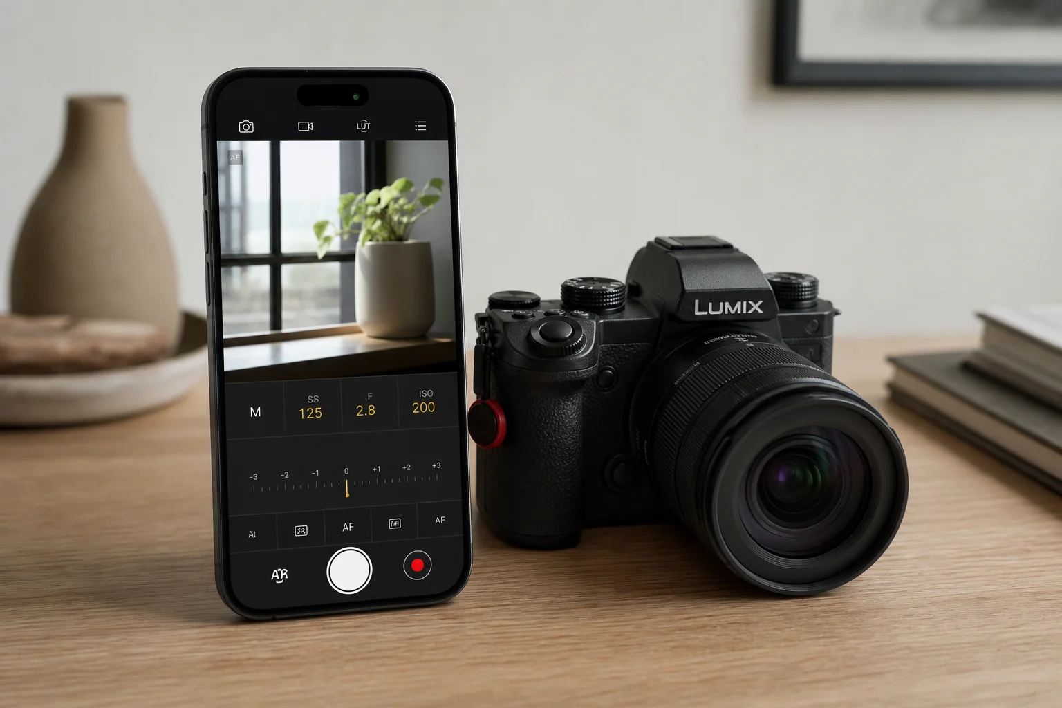 Smartphone displaying Lumix Flow app interface next to mirrorless camera