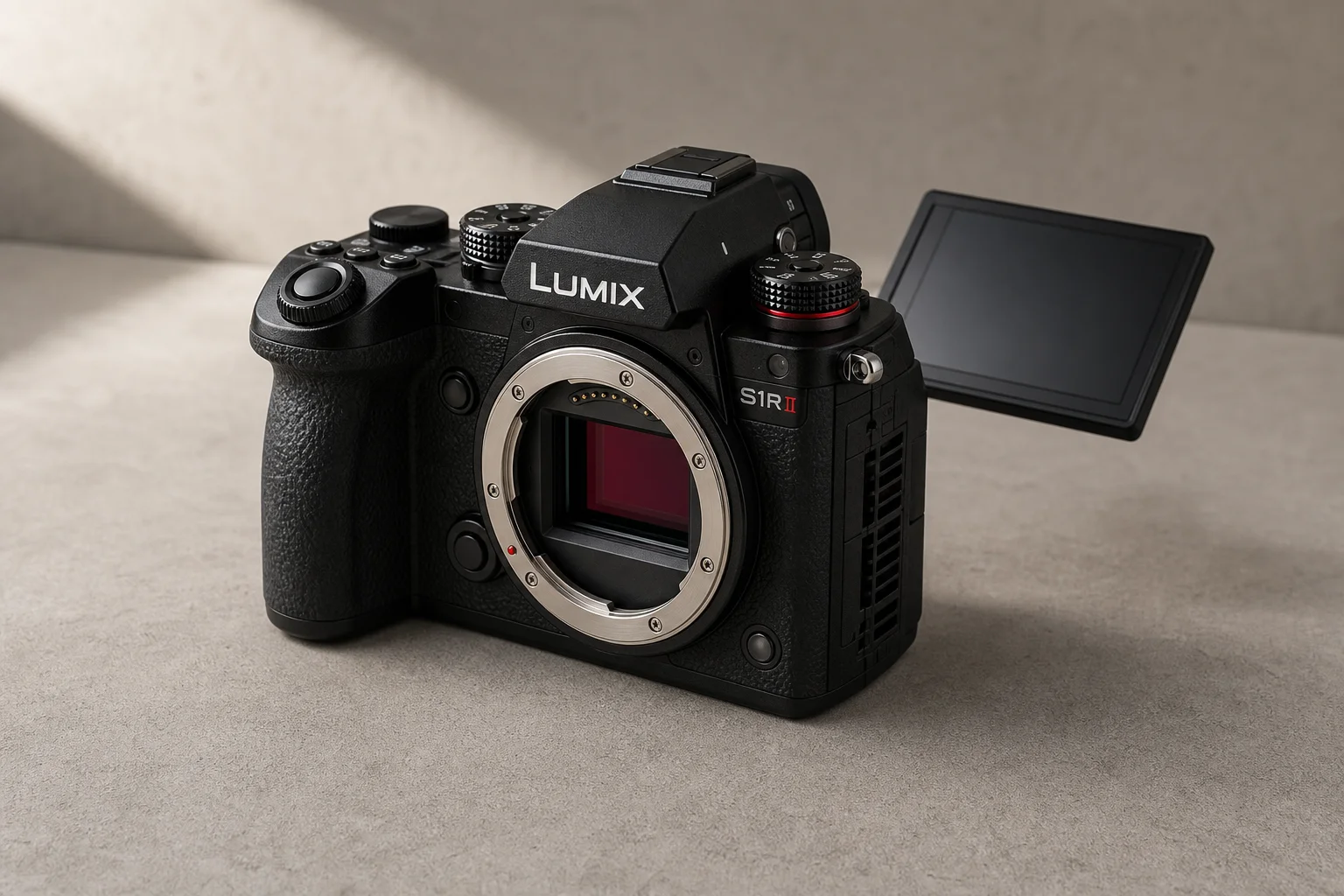 Panasonic Lumix S1RII mirrorless camera on concrete surface with articulating screen tilted upward