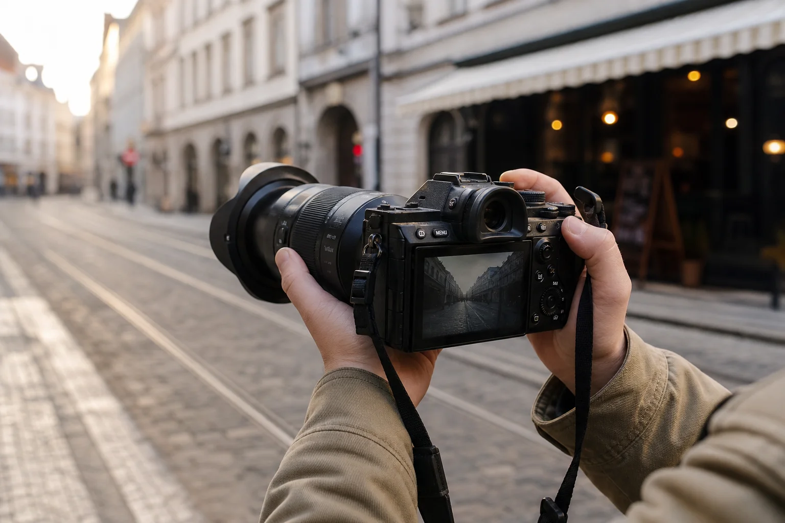 Photographer holding full-frame mirrorless camera beside tram tracks in urban setting