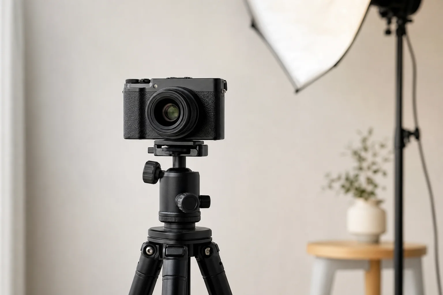 Video production setup with compact camera mounted on tripod in studio setting