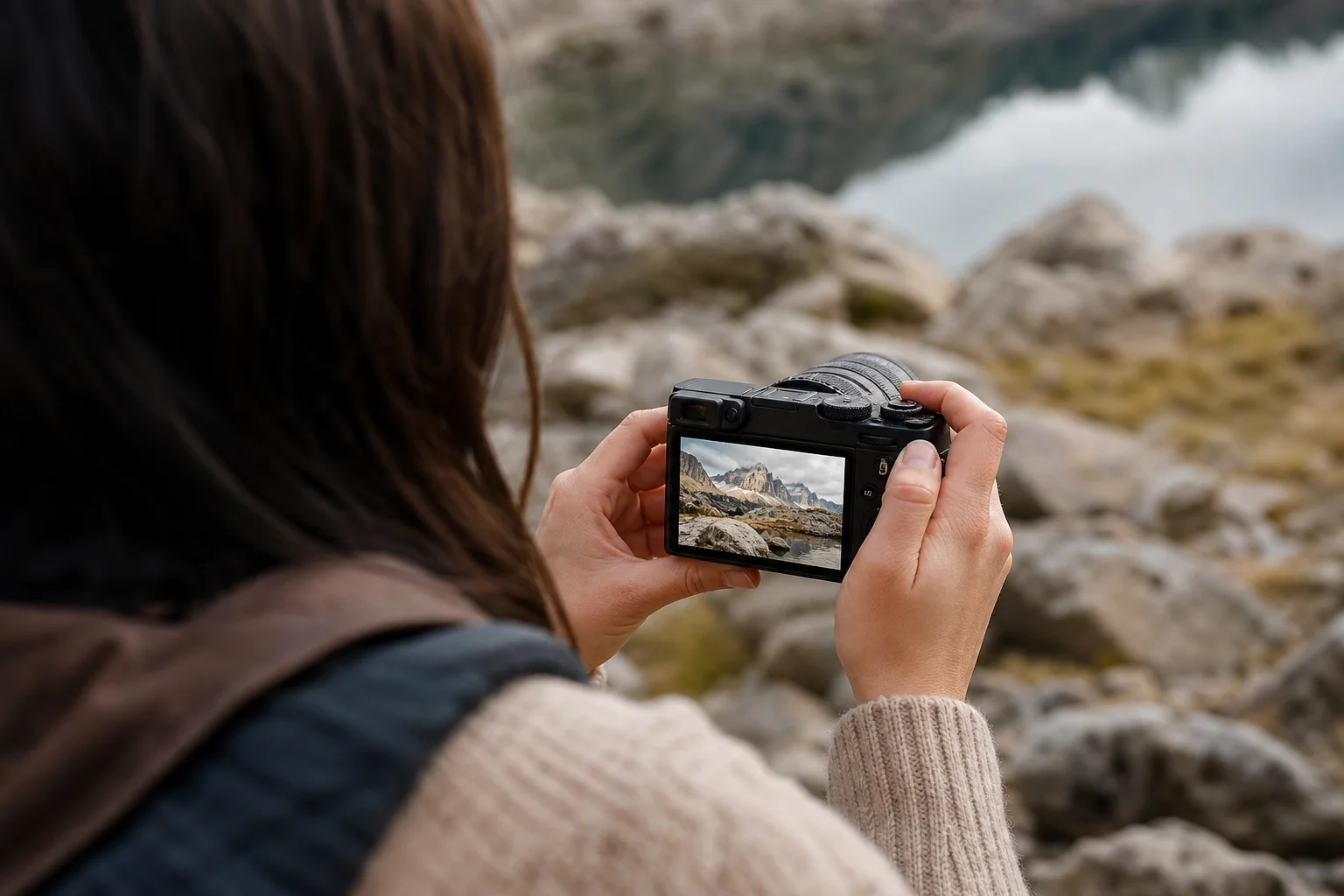 Filmmaker reviewing footage on camera screen in outdoor location