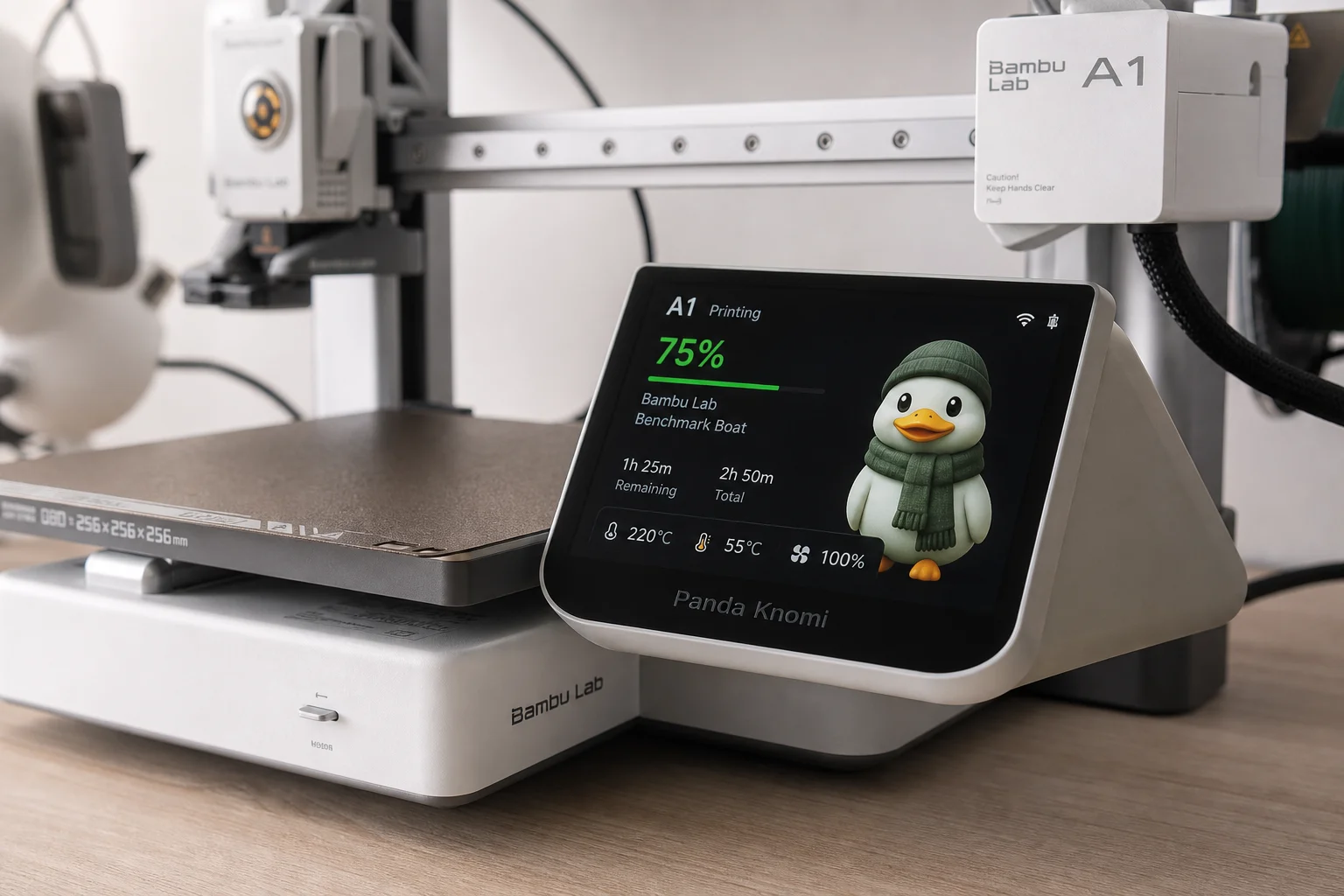 Imprimante 3D Bambu Lab A1 avec accessoires de mise à niveau, incluant l'écran Panda Knomi et une bande LED