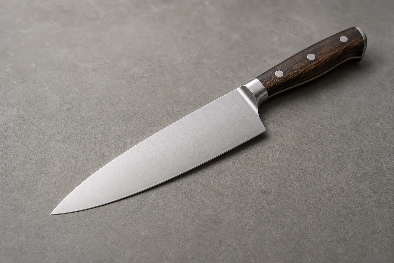 Five chef knives arranged in a row showing different handle styles and blade designs