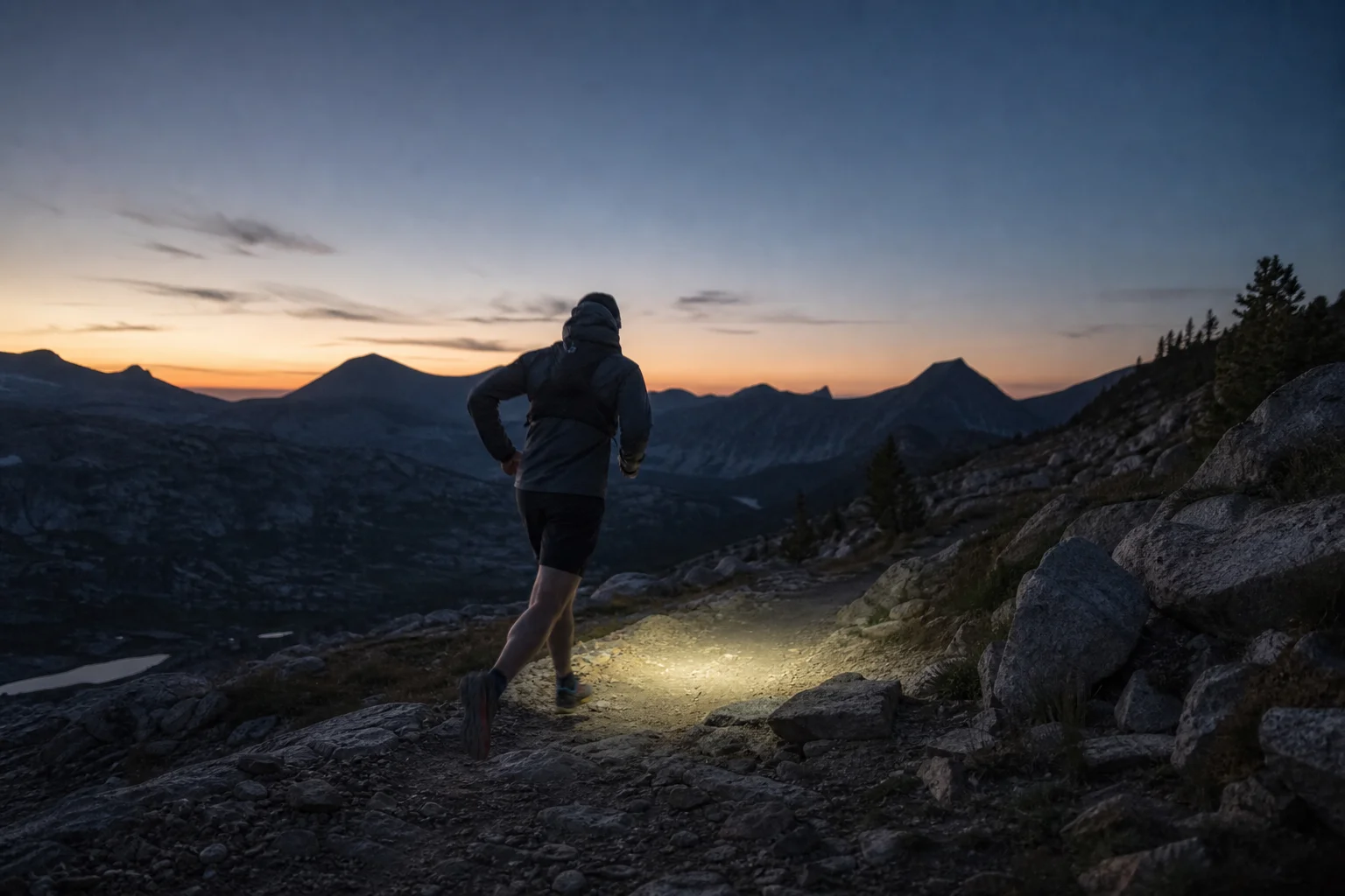 Trail runner navigating rocky terrain at dusk with headlamp illuminating the path