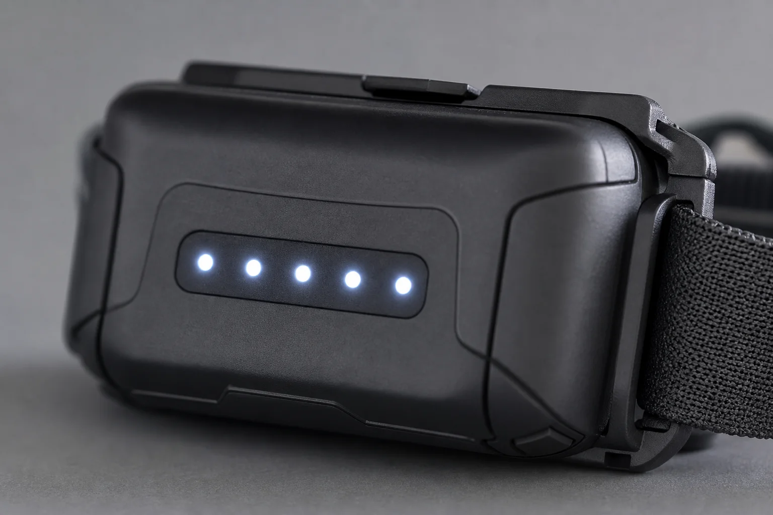 Close-up of headlamp button and battery indicator lights on the rear pack