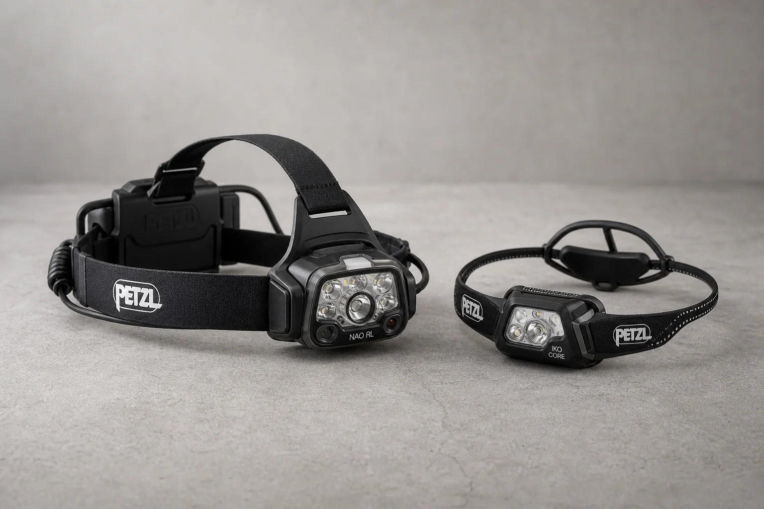 Pannlamporna Petzl NAO RL och IKO Core på en betongyta