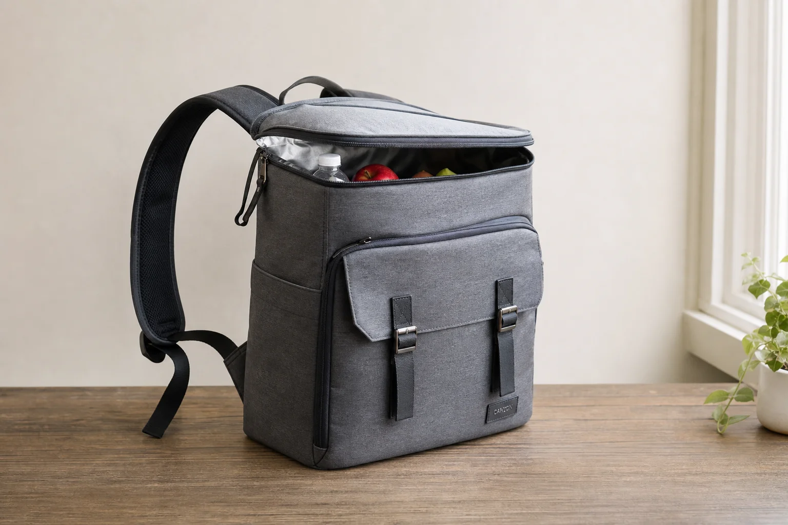 Five cooler backpacks in various styles arranged on concrete surface