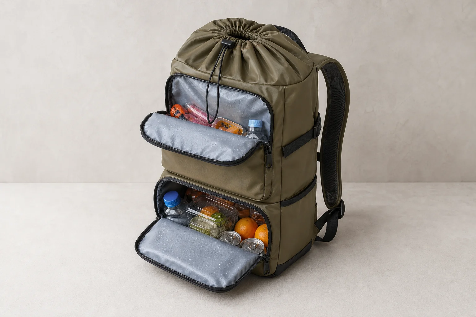 Five cooler backpacks in various styles arranged on concrete surface