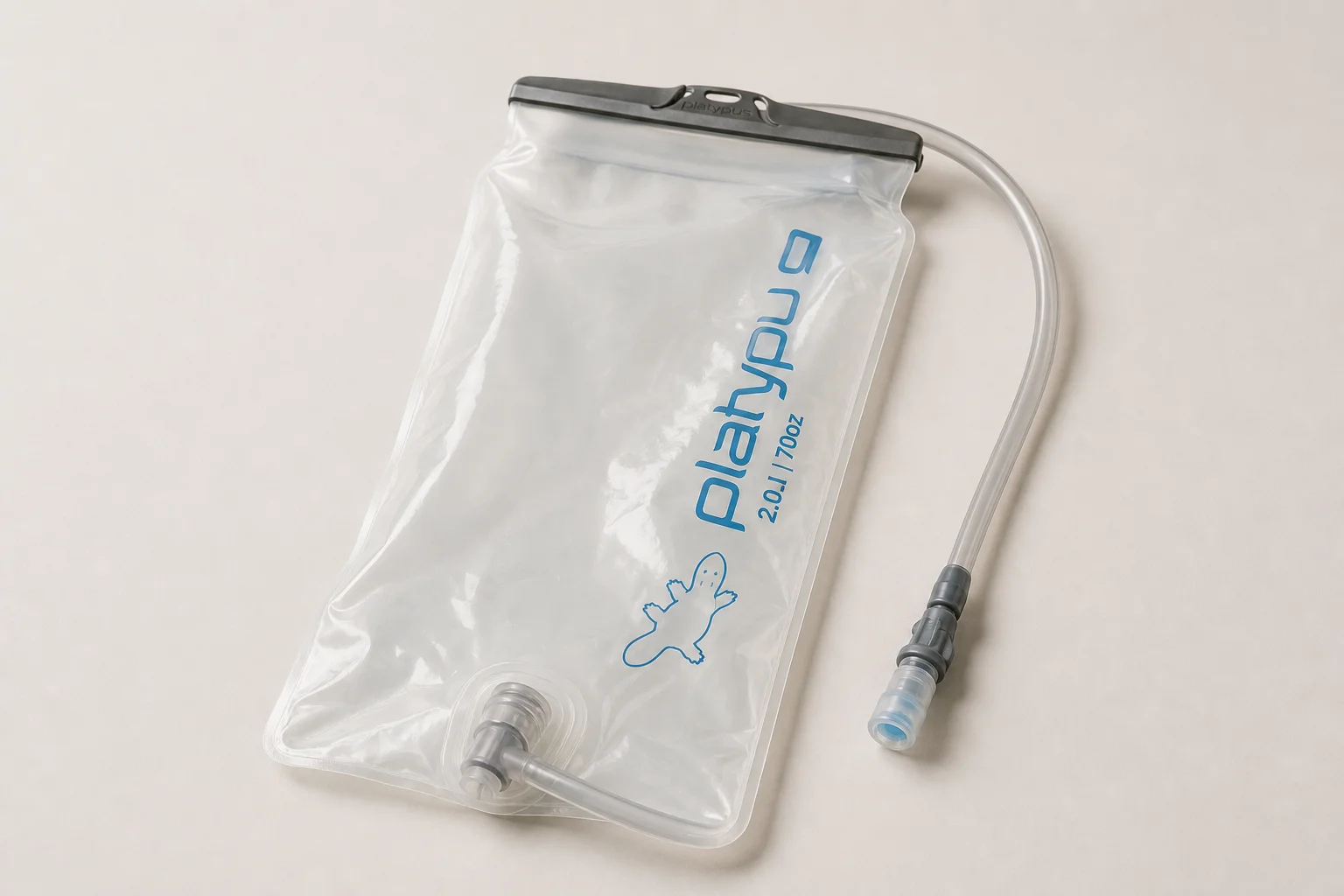Hiking water gear including bladder, bottles, filter, and reservoir arranged on neutral surface