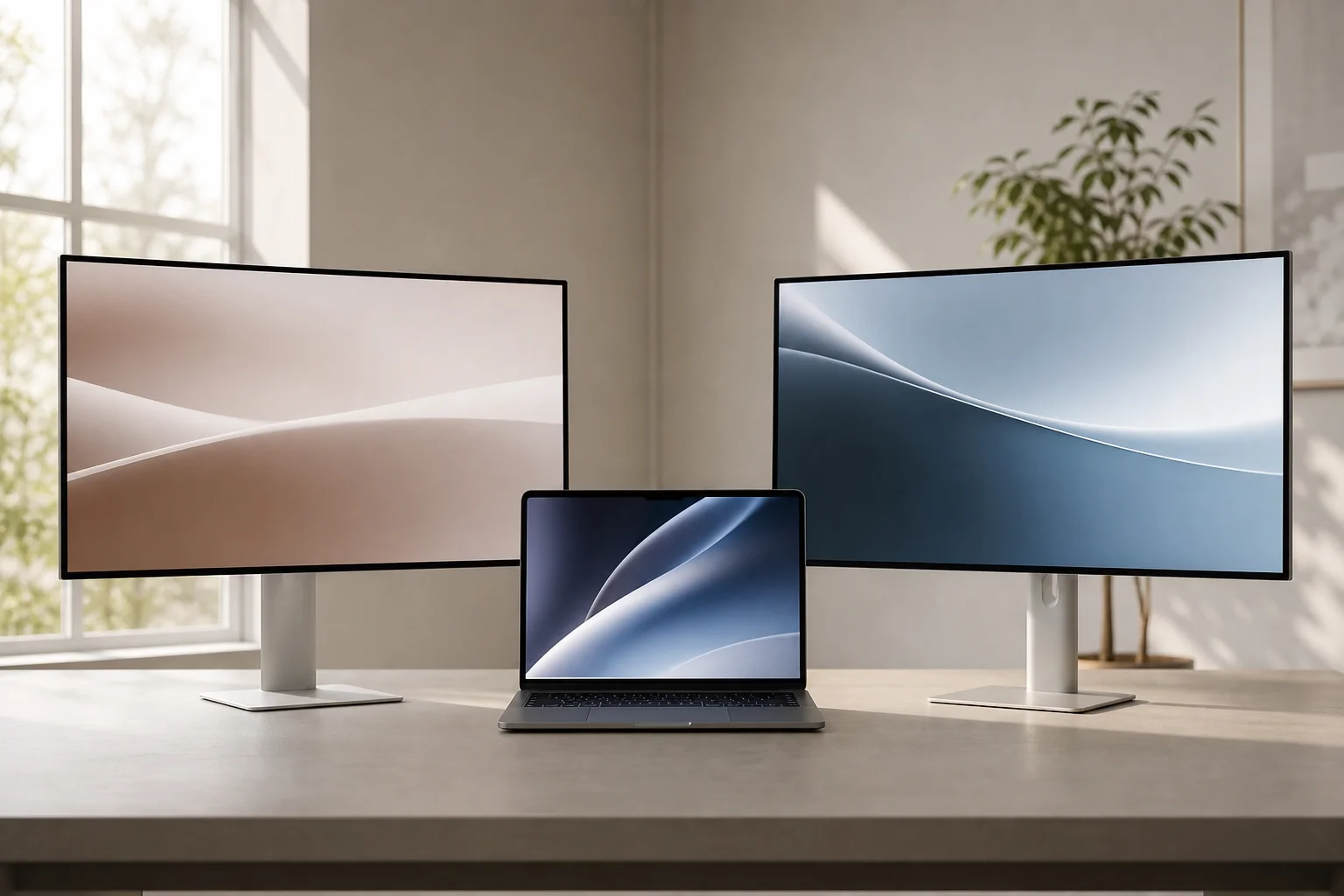 M4 MacBook Air on desk with two external 4K displays