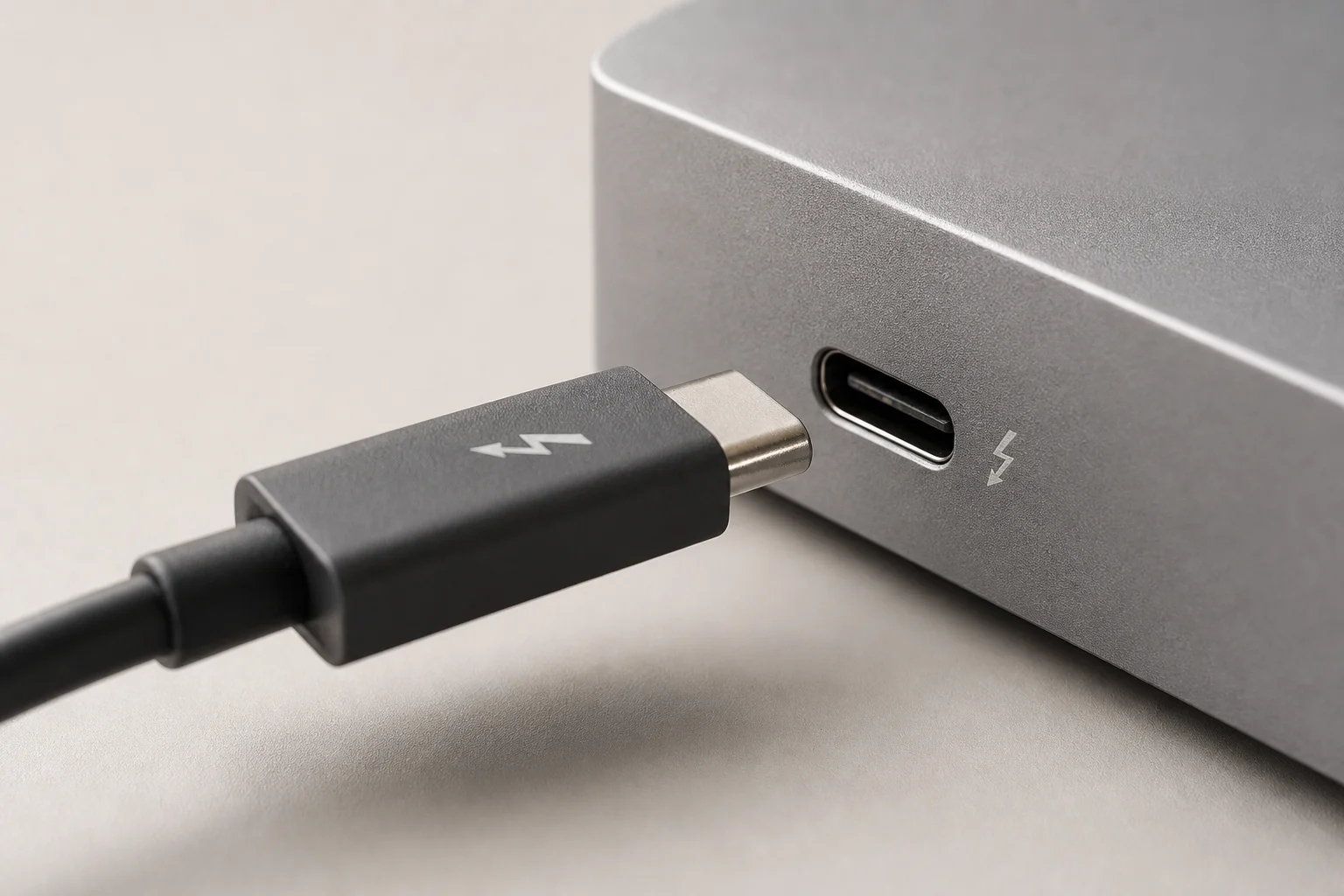 Close-up of Thunderbolt 4 port and cable connection