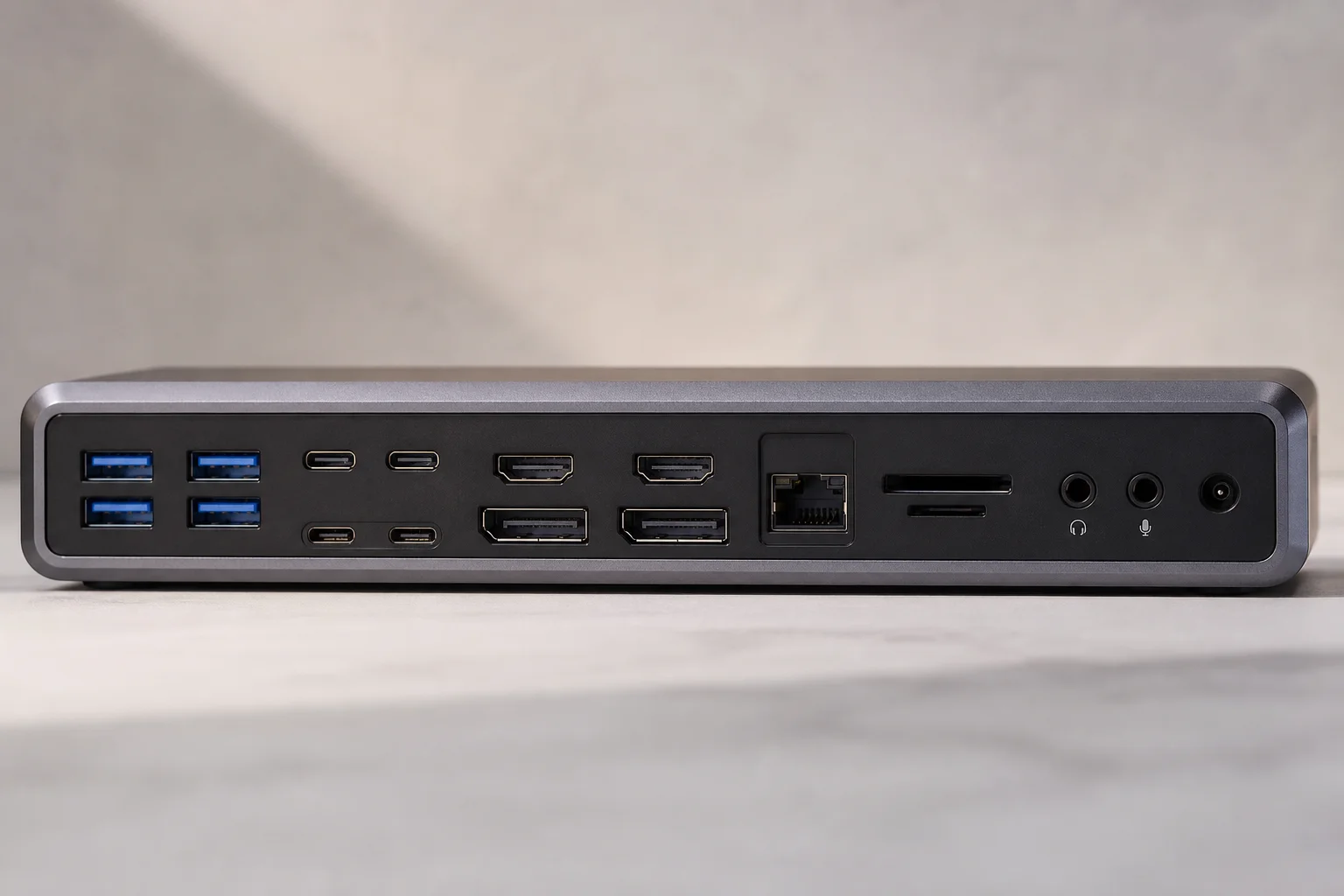 Rear panel of docking station showing USB ports and connectivity options