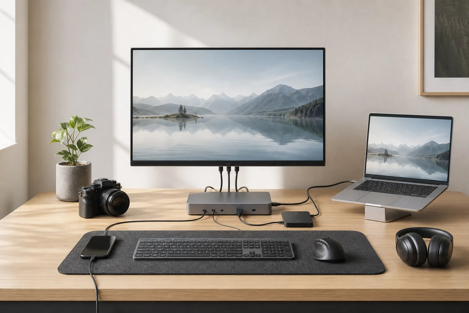 Professional workspace with docking station and connected peripherals