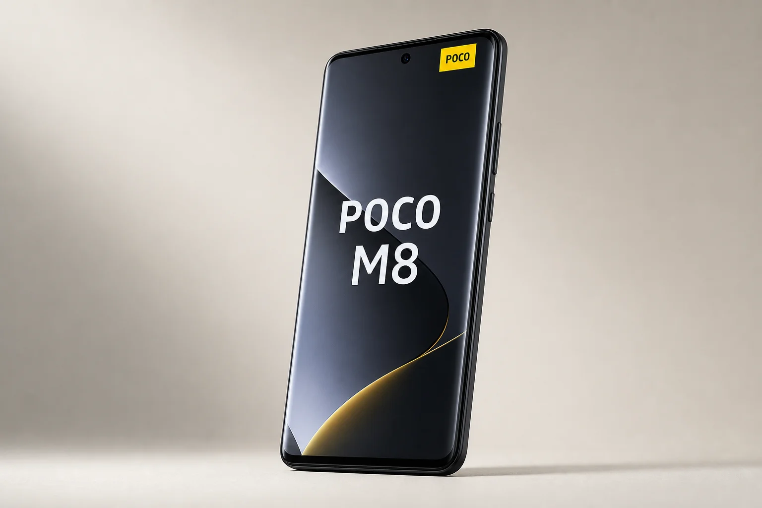 Smartphone POCO M8 avec écran incurvé sur un fond neutre