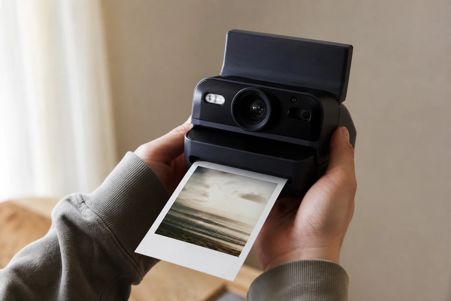 雙手持握 Polaroid Flip 相機,底片正從前方吐出