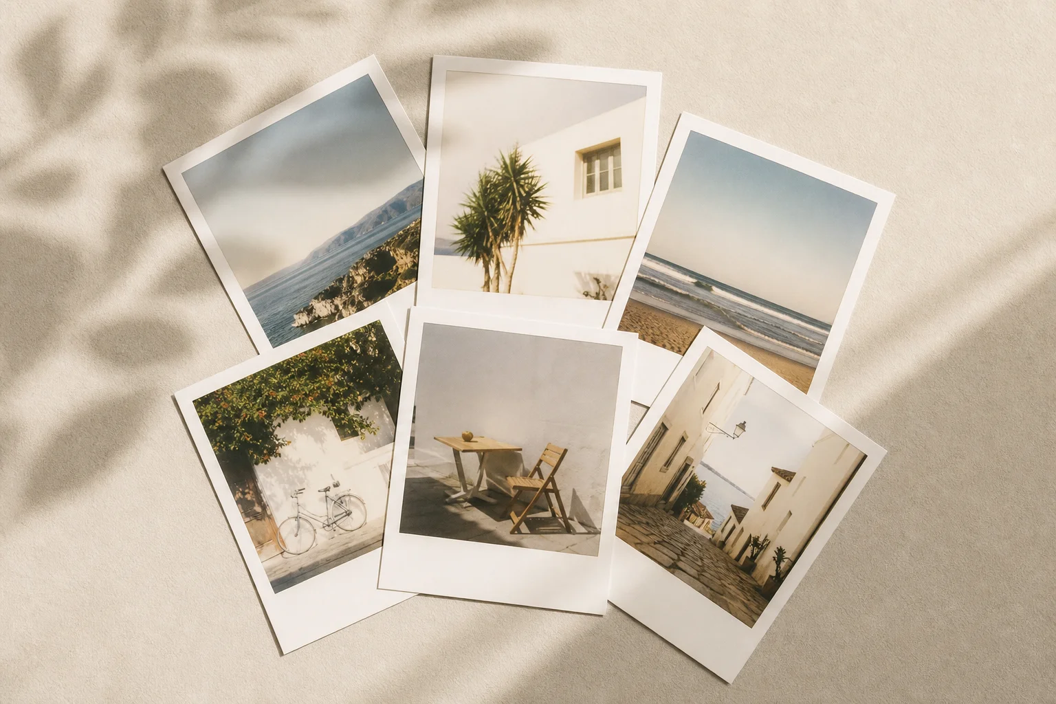 一組展開的拍立得照片,呈現出柔和溫暖的 Polaroid 美學