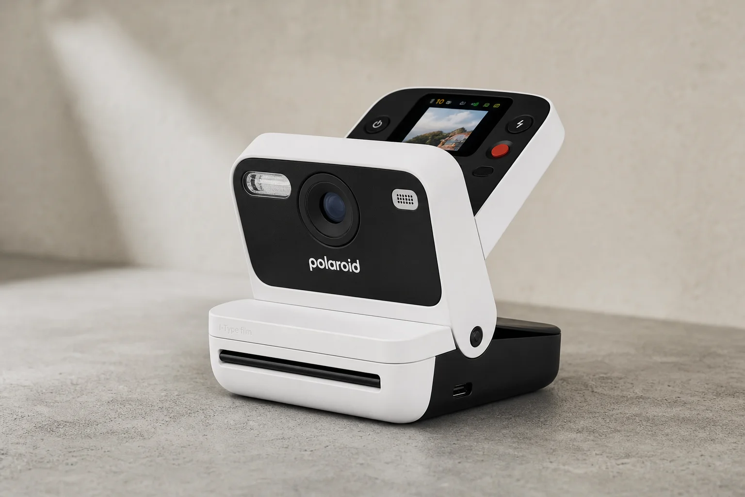 放置於霧面混凝土表面的 Polaroid Flip 拍立得相機，可見 USB-C 連接埠與 LCD 螢幕