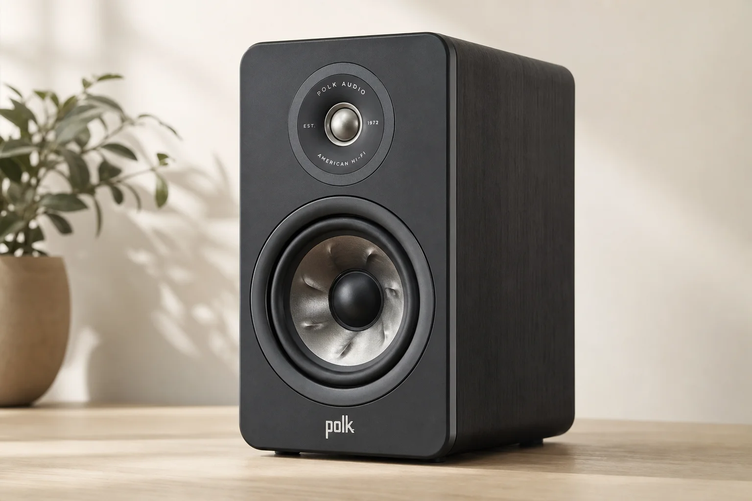 Six bookshelf speakers in various finishes arranged on concrete surface