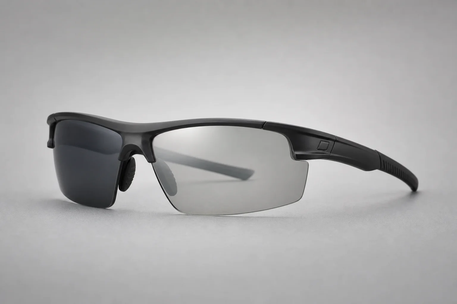 Poptic C1 electrochromic sport sunglasses showing dual lens tints on neutral grey background