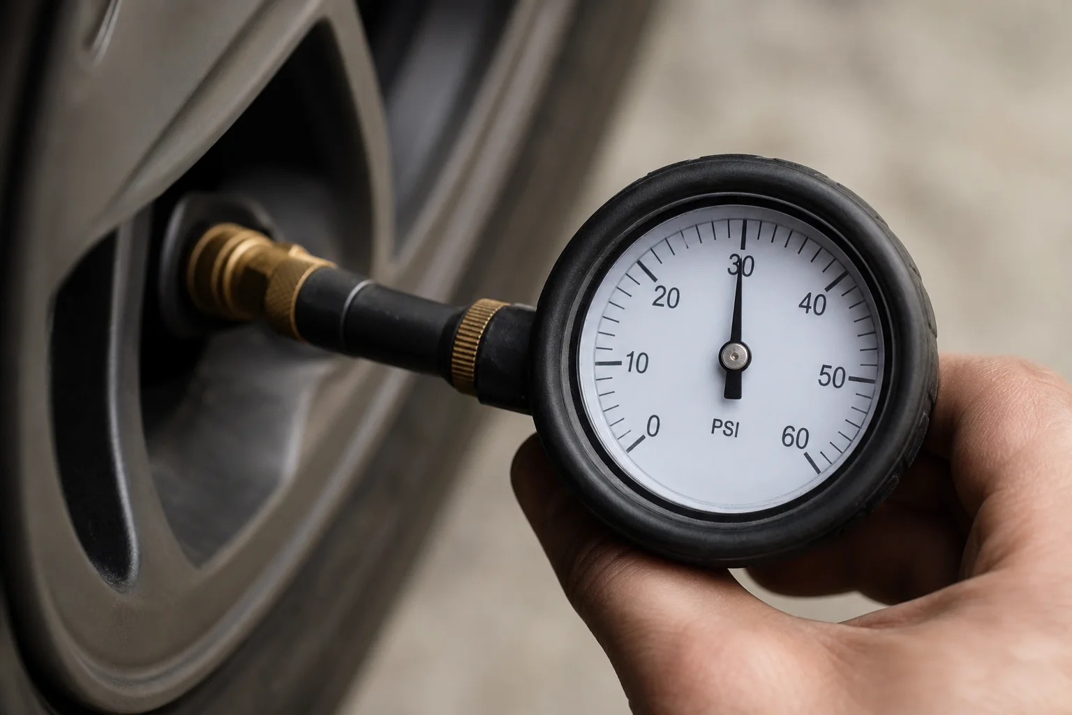 Close-up of tire valve with pressure gauge measurement
