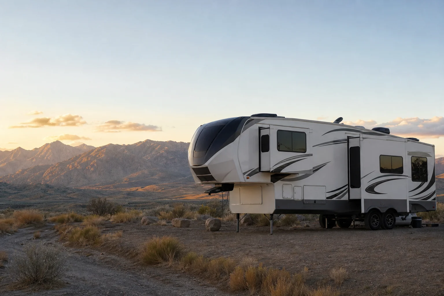 RV trailer parked at a remote campsite with mountains in background