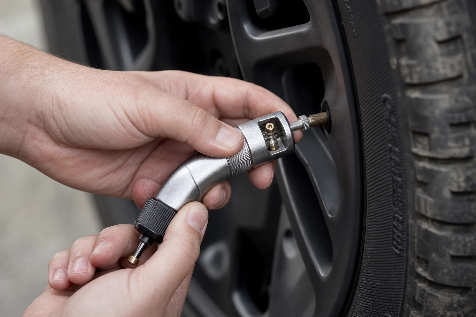 Hands using tire deflator tool on vehicle tire valve
