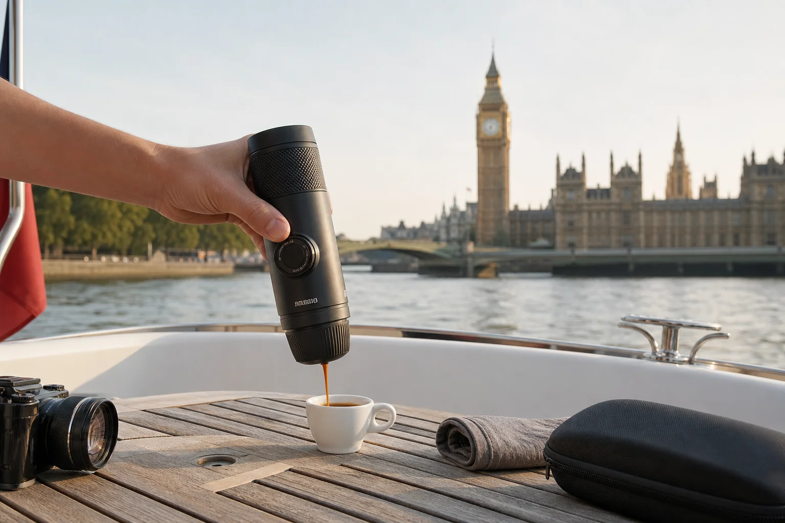 Espresso being brewed on a boat with St Paul's Cathedral visible in background