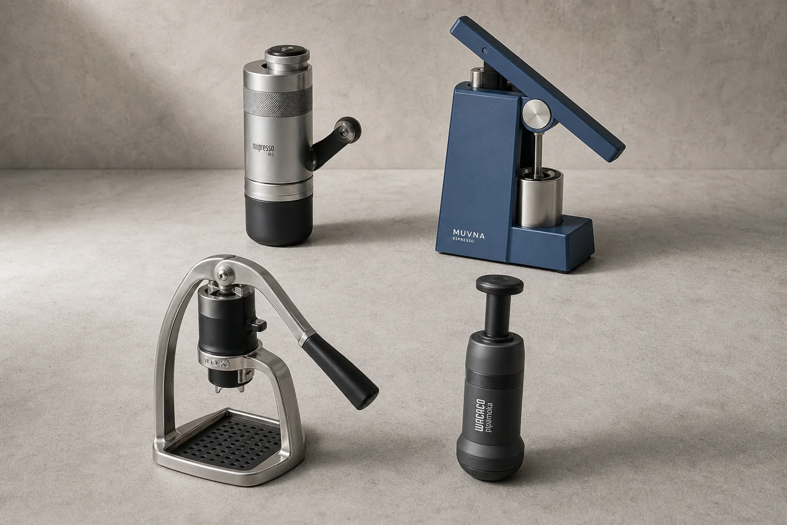 Four portable espresso makers arranged on concrete surface