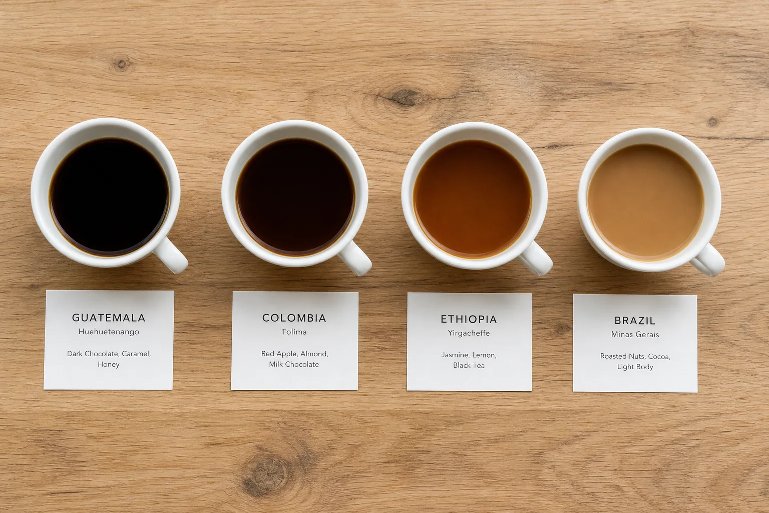 Four white cups with coffee samples on wooden tasting table