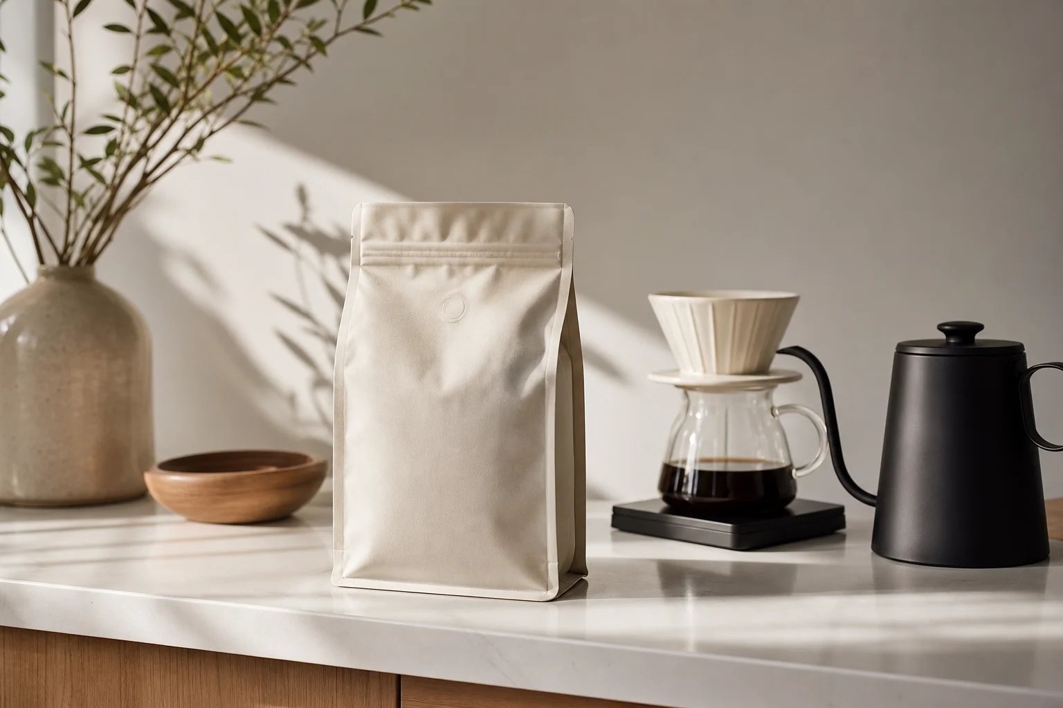 Sealed coffee bag with brewing equipment on kitchen counter