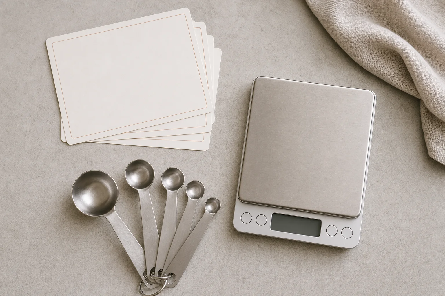 食譜卡、量匙與數位電子秤排列在平整的檯面上