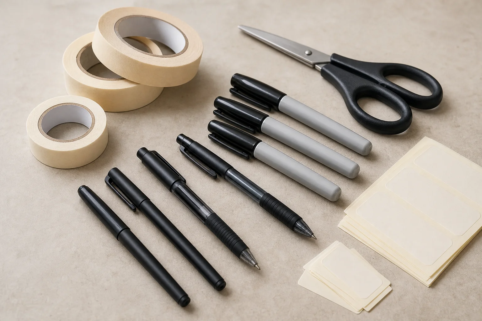 專業廚房標籤用品，包括 Sharpies 麥克筆、膠帶與剪刀