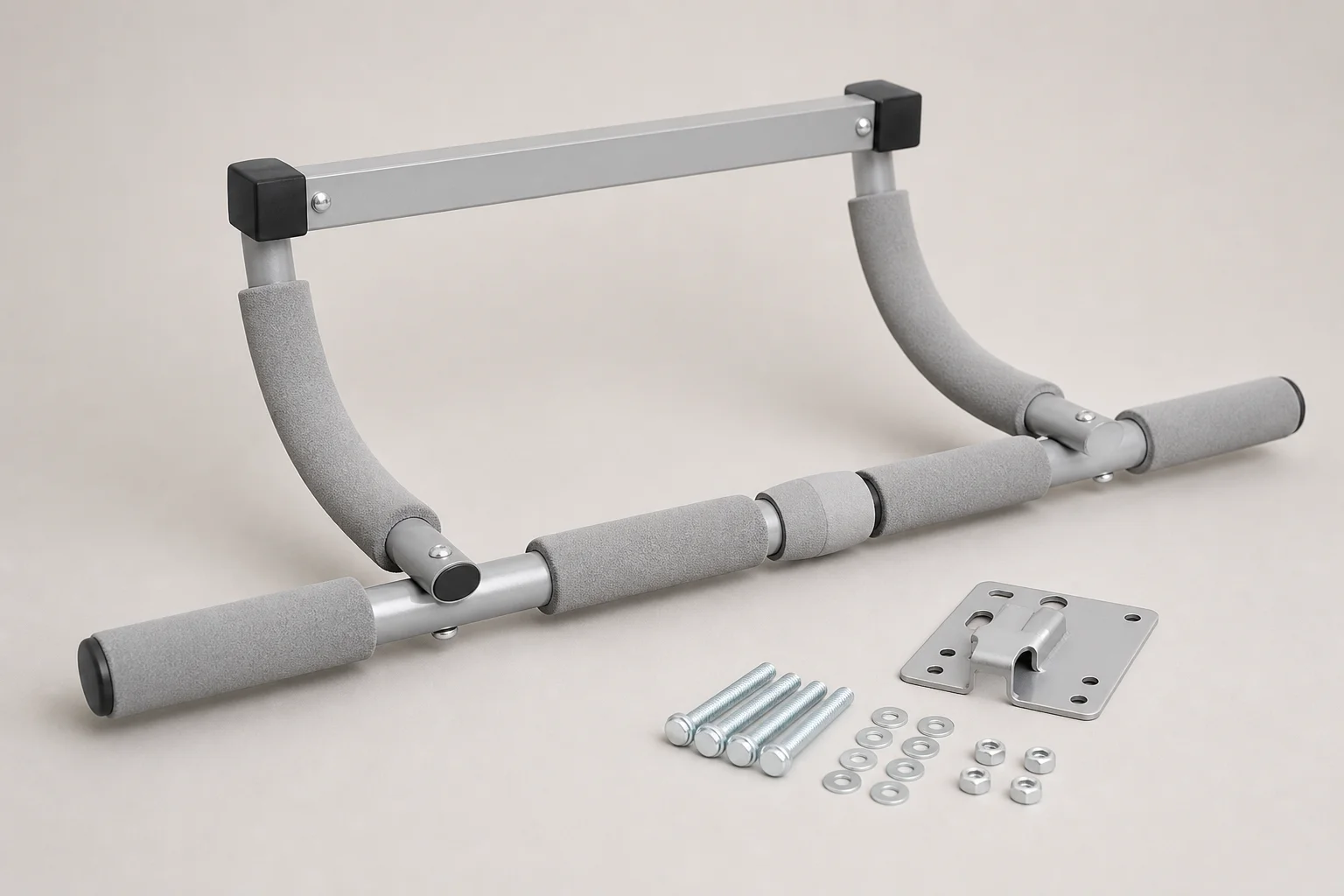 Ten doorway pull-up bars arranged in three categories on a grey surface