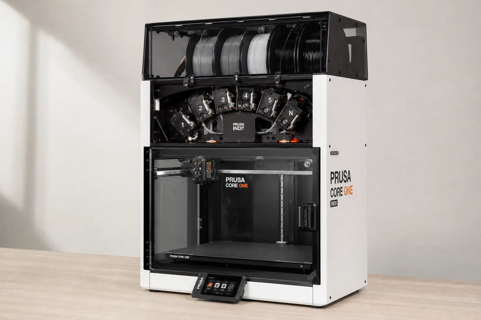 Collection of modern 3D printers on neutral background