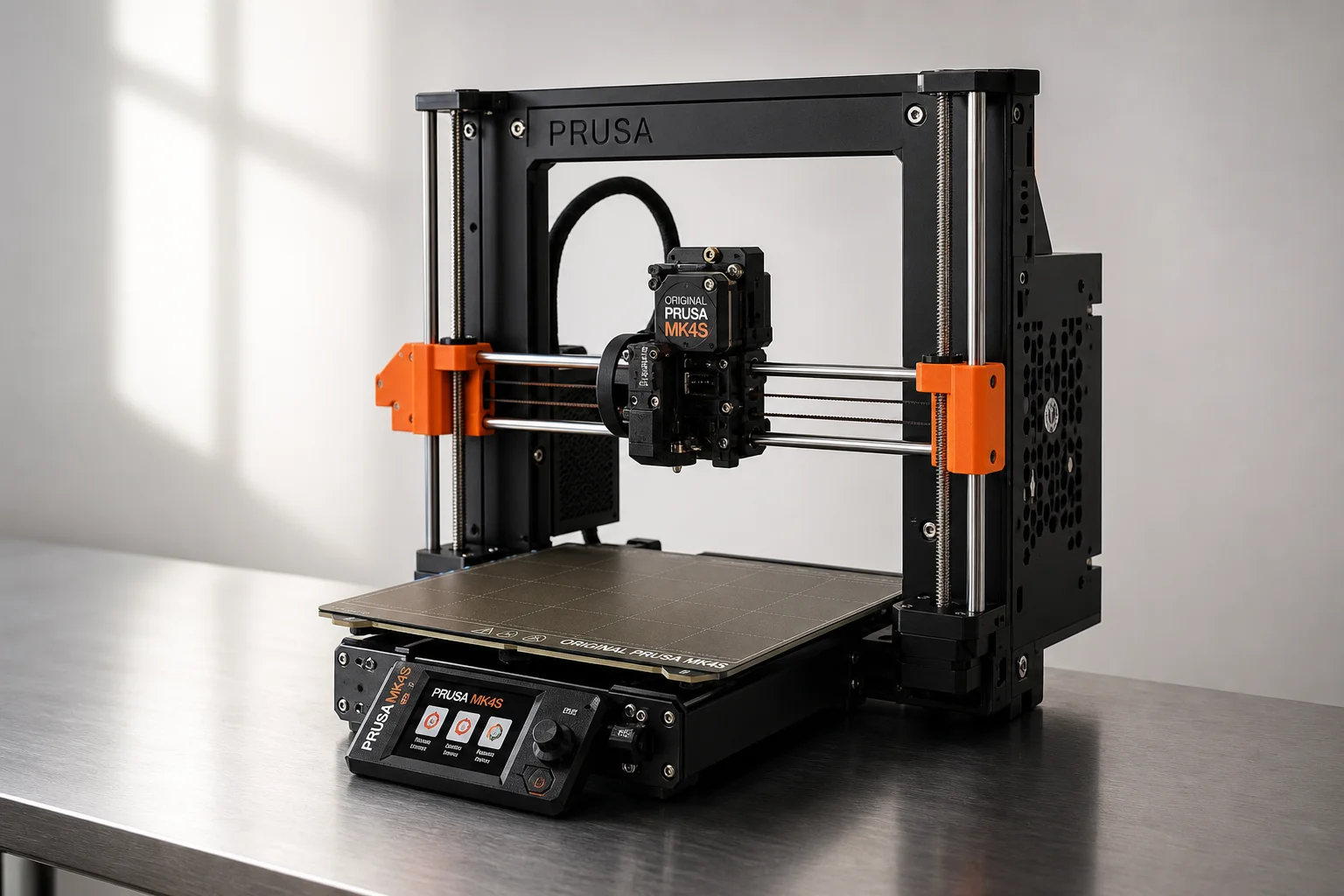 Six 3D printers arranged by size and capability on a concrete surface