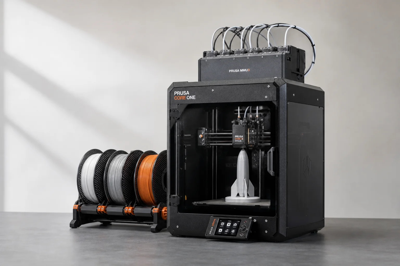 搭載 MMU3 多色升級套件與線材捲軸的 Prusa Core One 3D 印表機