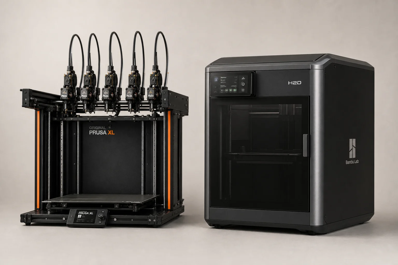Prusa XL 與 H2D 3D 列印機並排擺放在中性背景前