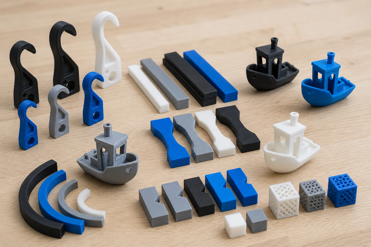 放置在工作檯上的 3D 列印測試零件與樣品