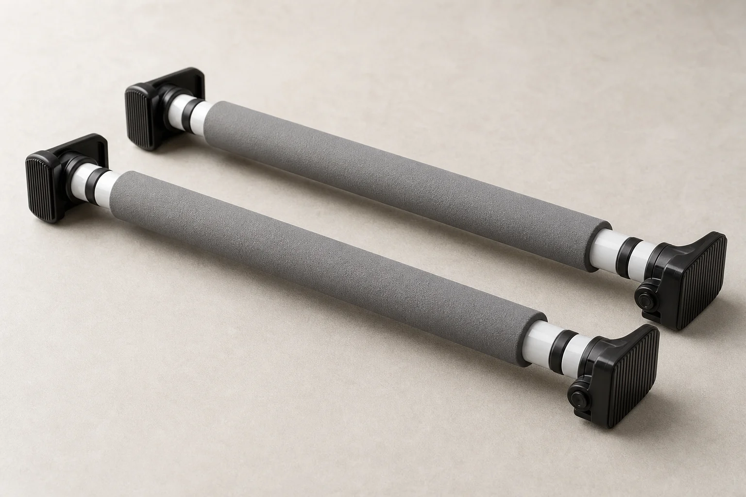 Ten doorway pull-up bars arranged in three categories on a grey surface