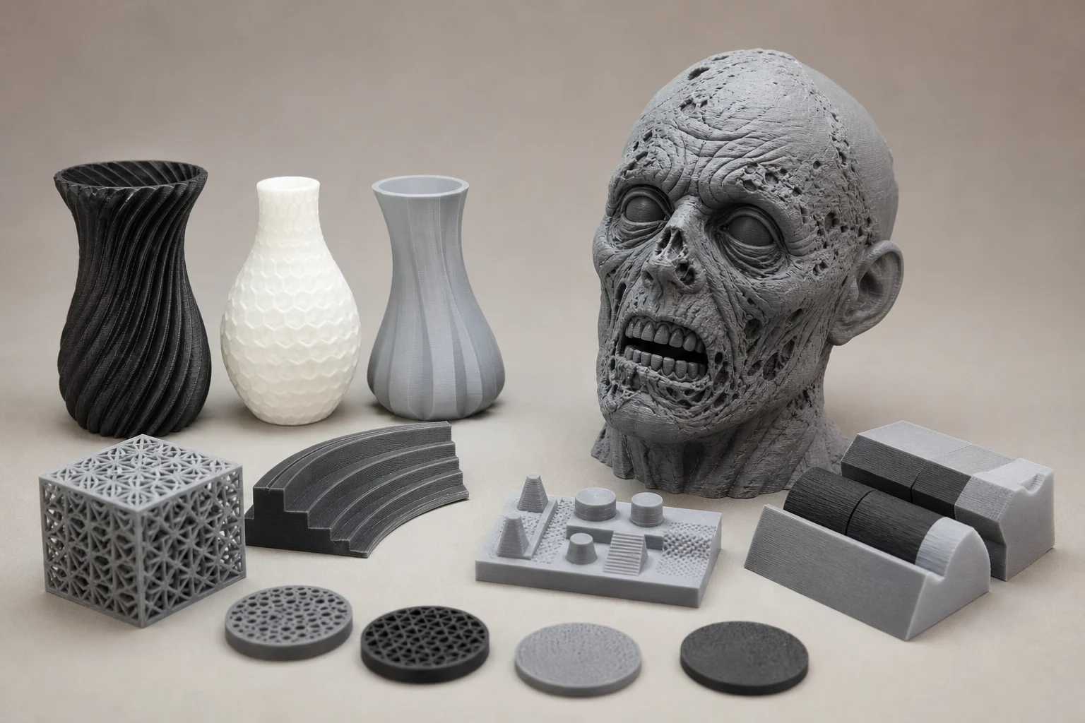 展示表面品質與細節的 3D 列印成品，包含一個殭屍頭像