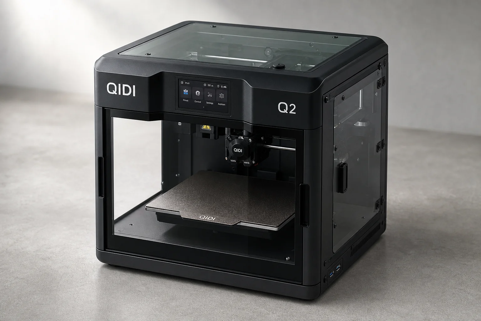 放置於中性表面上的 Qidi Q2 3D 列印機，配備玻璃面板與觸控螢幕