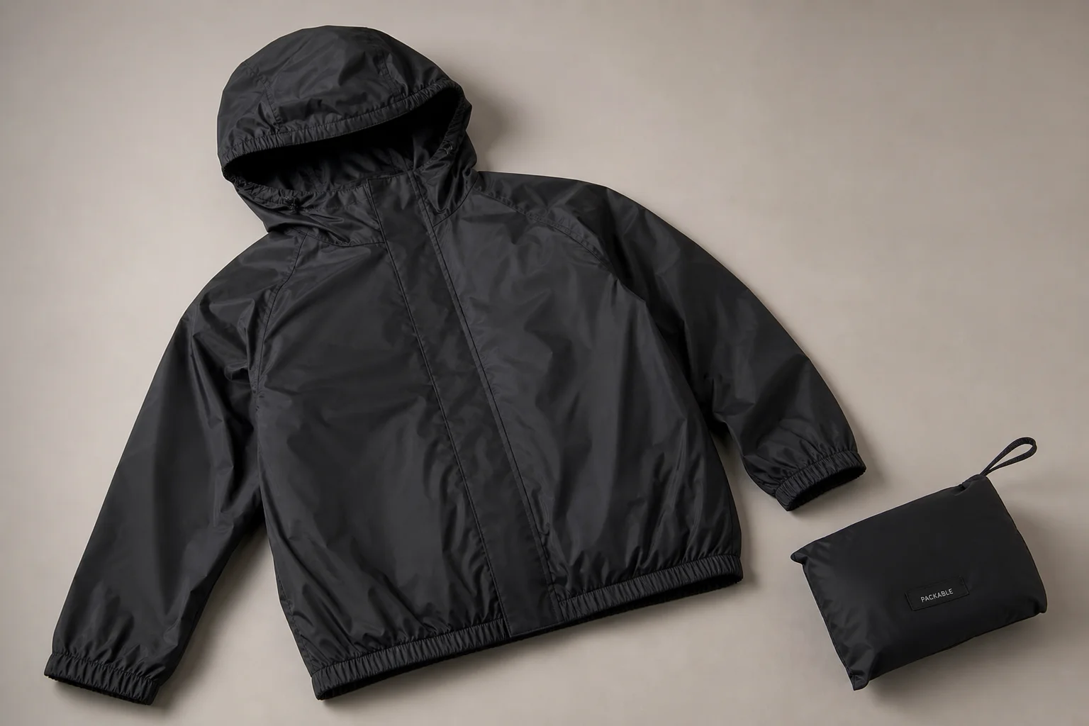 Five Decathlon rain jackets and pants displayed on neutral backdrop
