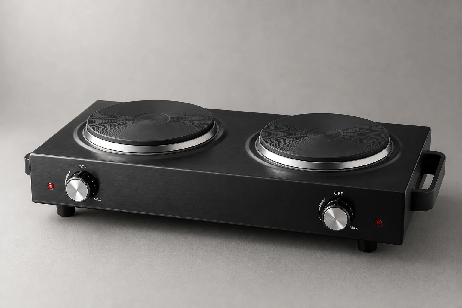 Five portable electric stoves displayed on grey concrete surface