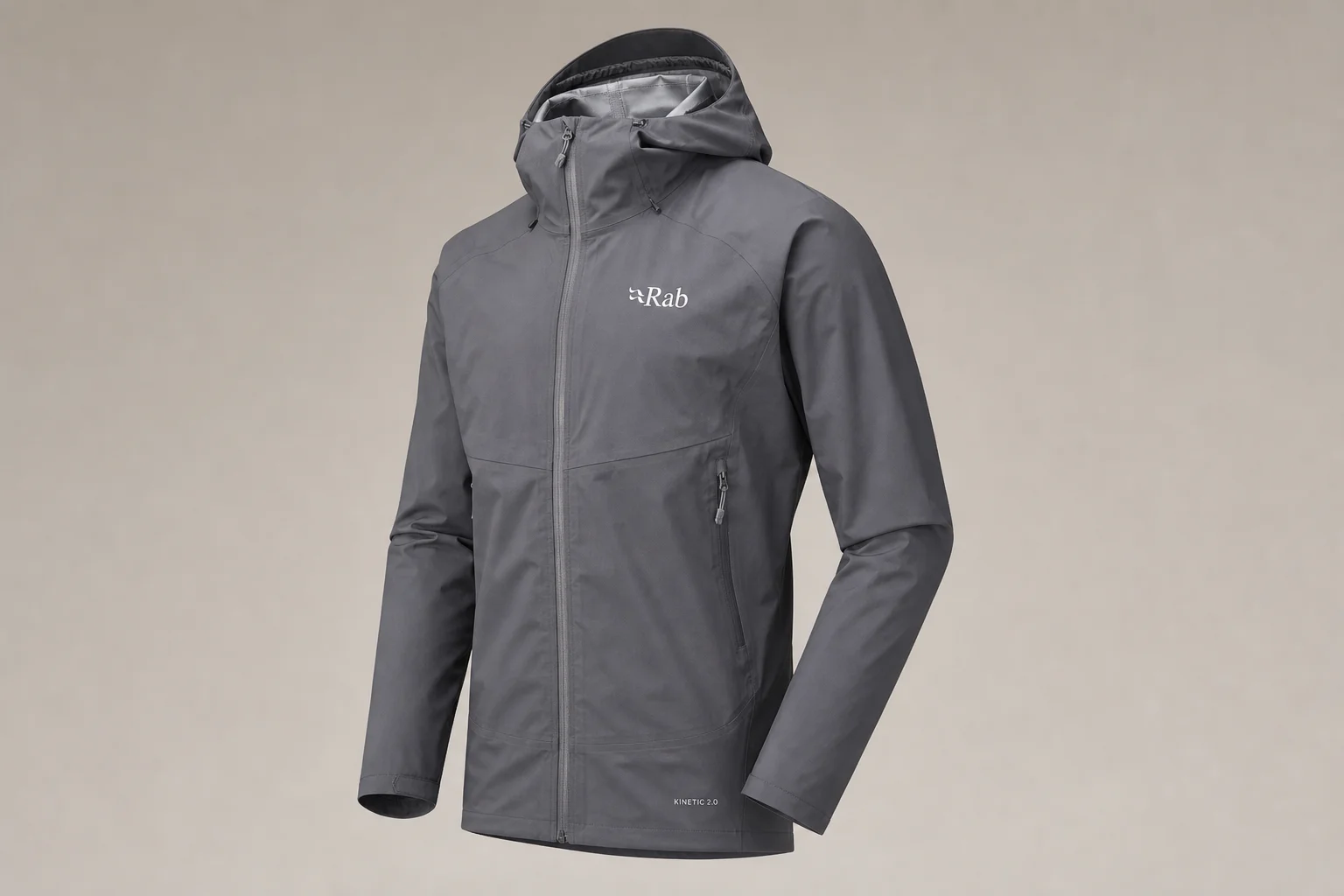 Five waterproof jackets in different colors and styles arranged on concrete