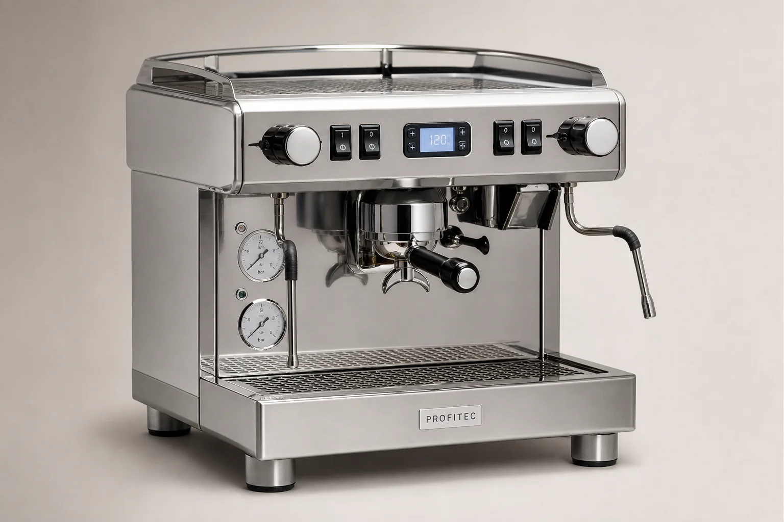 六台擺放在混凝土表面上的 Espresso 機，展示了不同的設計與尺寸